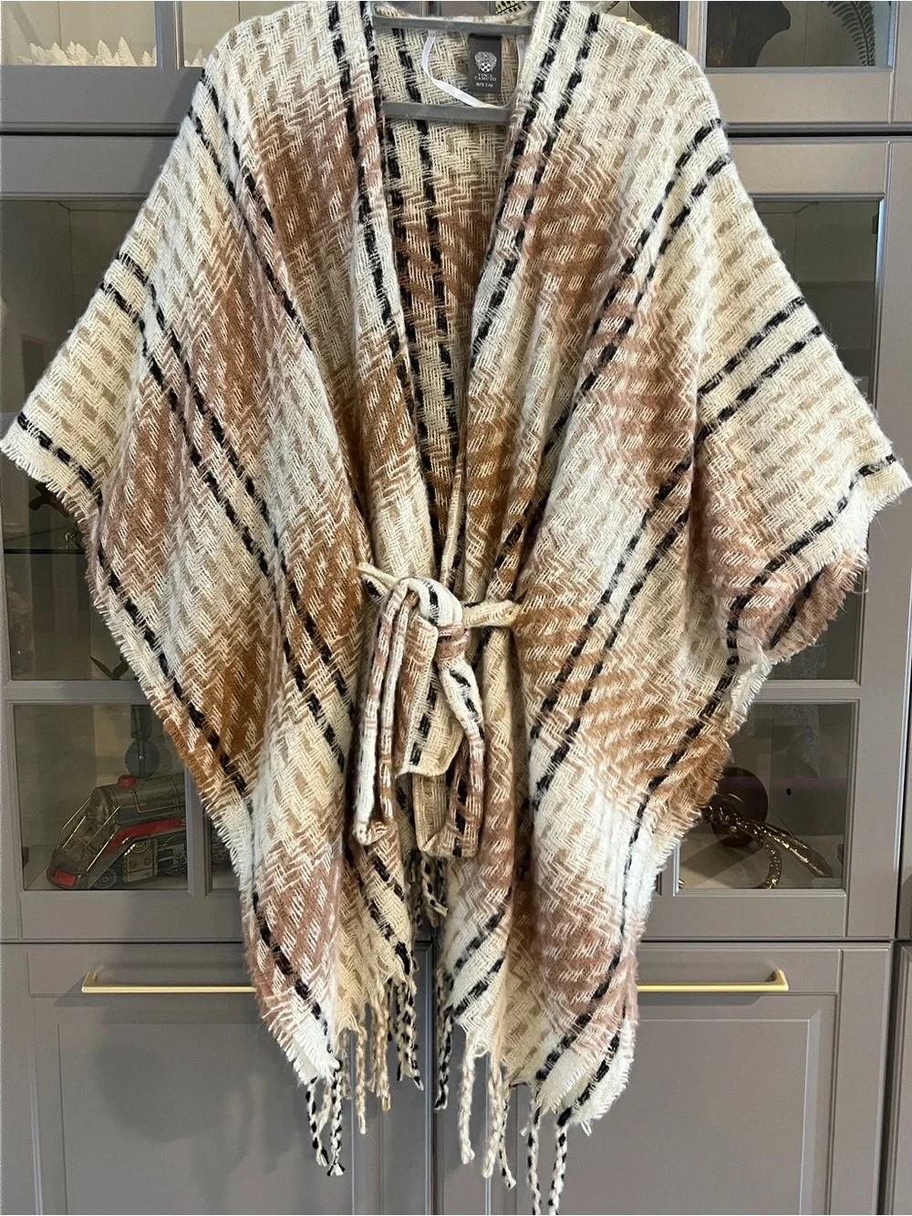 Vince Camuto Brown, Cream  & Fringe Tie-Waist Poncho